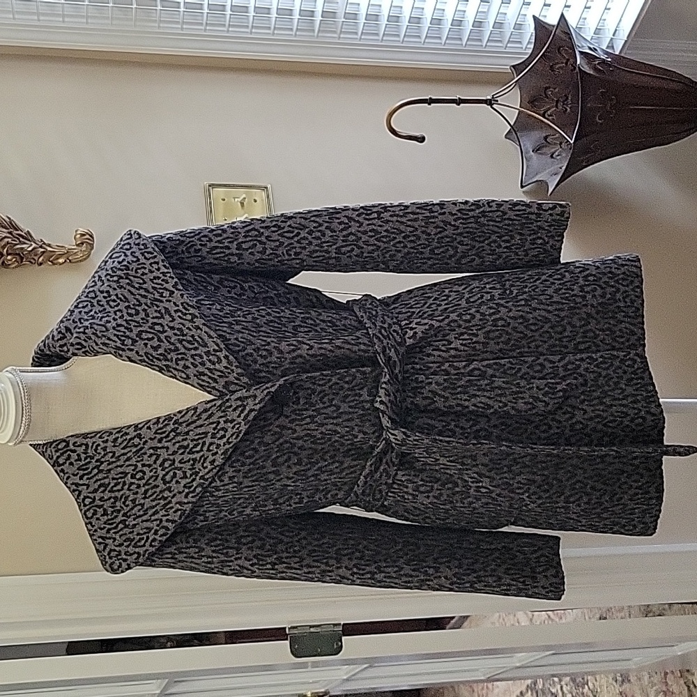 Calvin Klein light & dark gray animal print cowl neck wool blend coat sz 6 EUC…